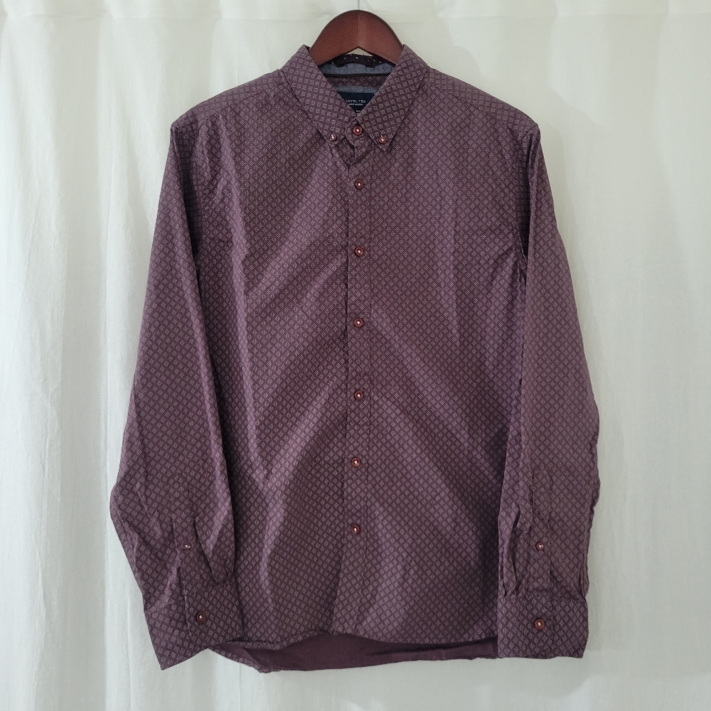Level Ten Dress Shirt in Maroon Red & White Diamond Print Men's Size L
